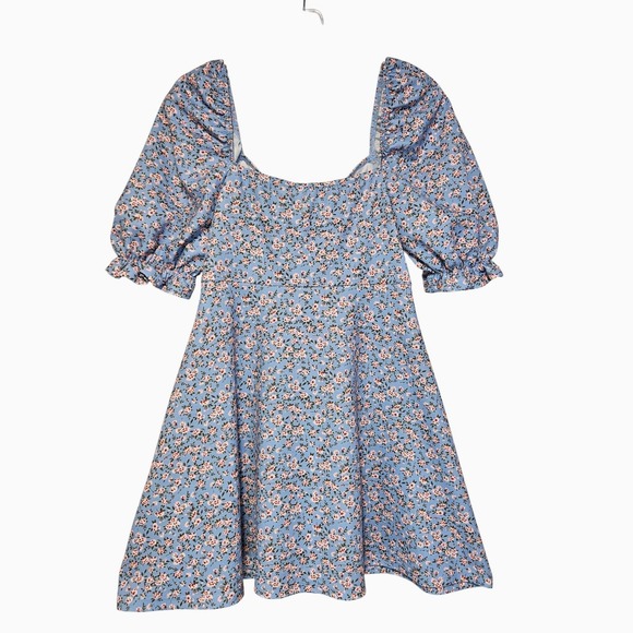 Blue Floral Cottagecore Milkmaid Mini Dress Medium Boho Square Neck Puff‎ Sleeve - Picture 2 of 10